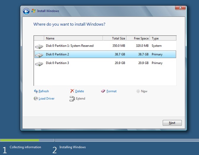 Выбор раздела установки Windows 7